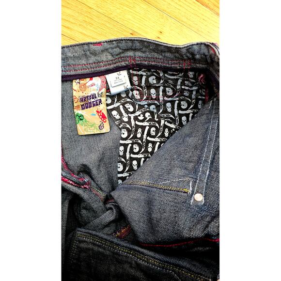 Artful Dodger Skull Design, Colored Stitching Distressed Jeans Sz 34, Y2K,  NEW - Picture 8 of 14